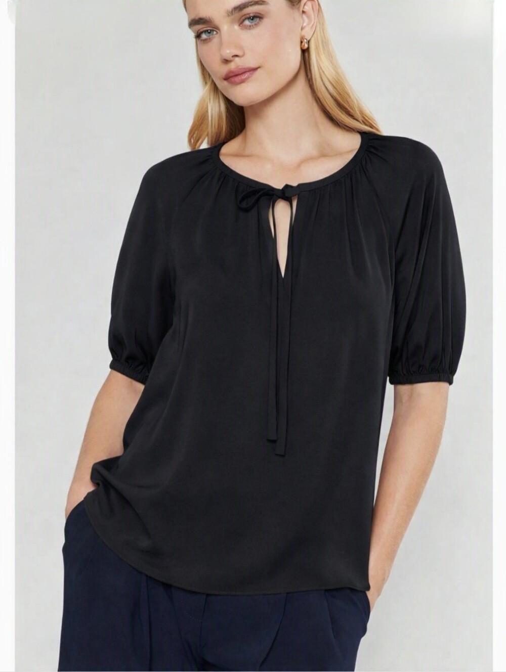 Current Air Black Tie-Neck Puff Short Sleeve Top - Size: XL - NWT